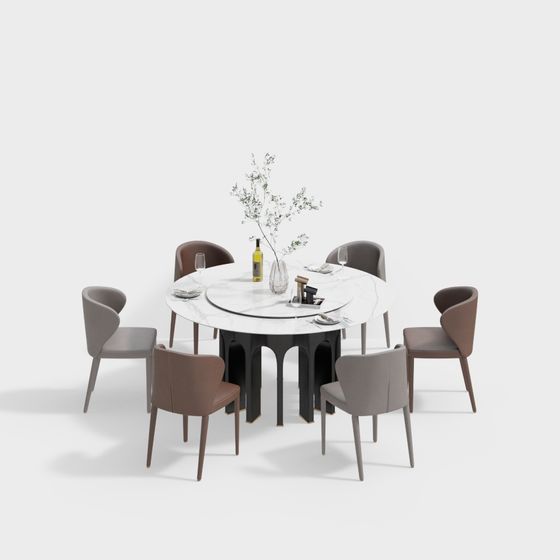 Round Table with Six Chairs 3D model