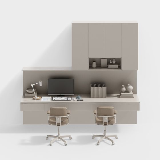 Modern Study Double Desk 3D Model in Beige