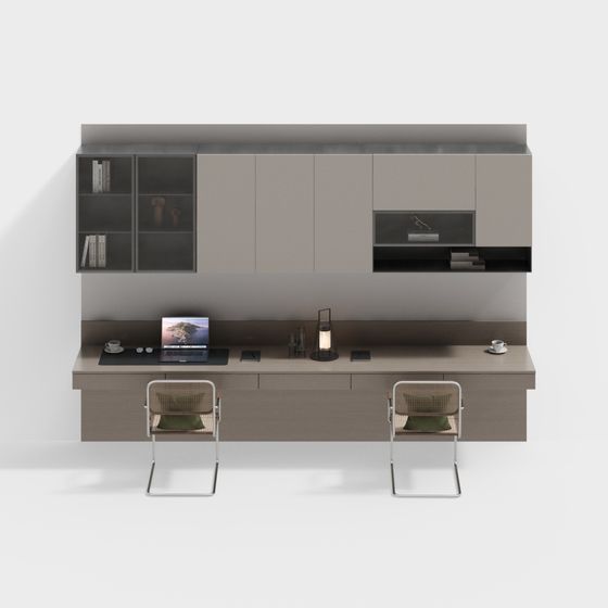 Modern Study Double Desk 3D Model in White