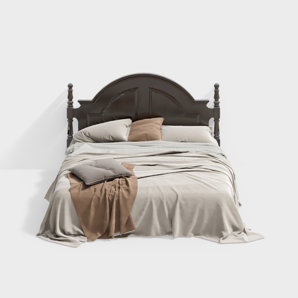 Rustic Bed Frame 3D Model – Dark Brown Wood