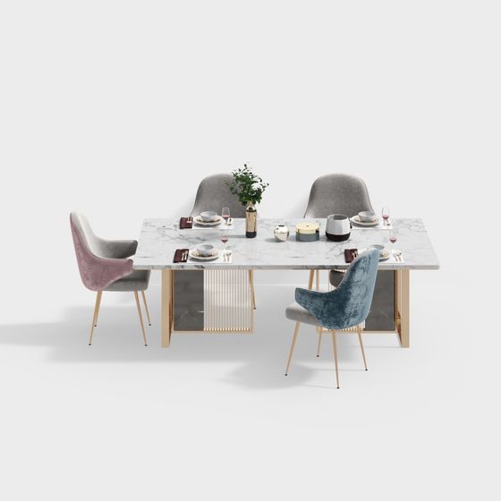 Elegant 3D Dining Table and Chairs Set Model