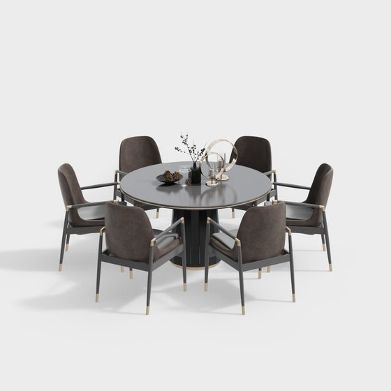 Modern Round Table and Six Chairs 3D model