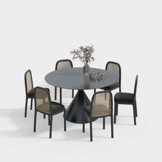 Modern Round Table and Rattan Chair Set 3D model