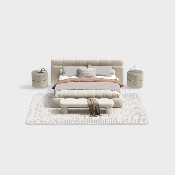 Contemporary Beige Double Bed Combination 3D Model
