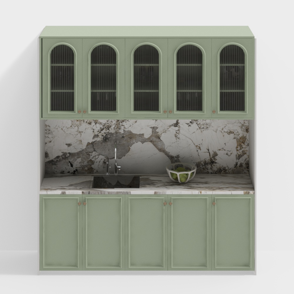 Vintage-Modern Kitchen Cabinet – Mint Green & Marble