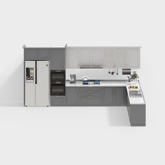 Sophisticated Nordic Style Kitchen Overall Cabinet 3D Model in Gray