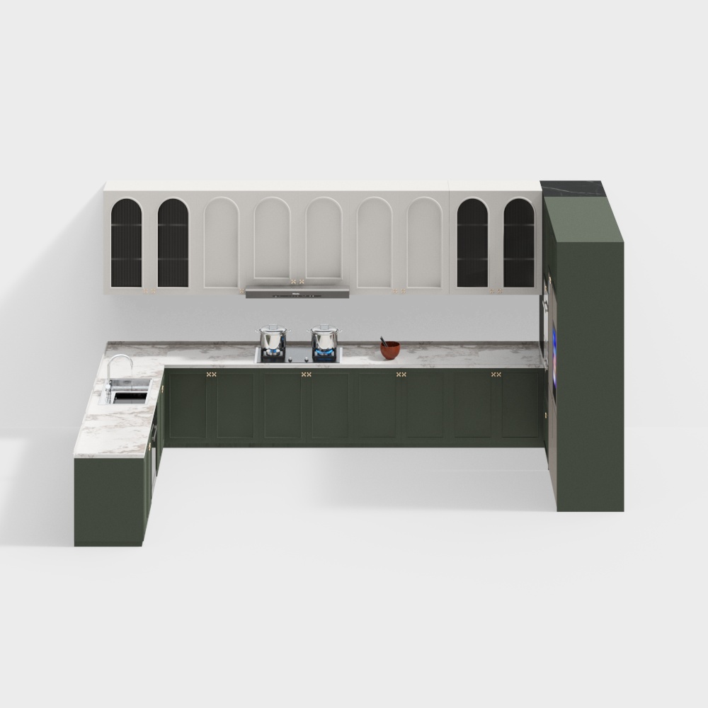 Modern Minimalist Kitchen 3D Model – Low-Poly Green Cabinets