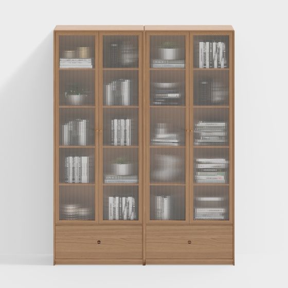 Nordic Double Drawing Bookcase 3D Model in Wood Color