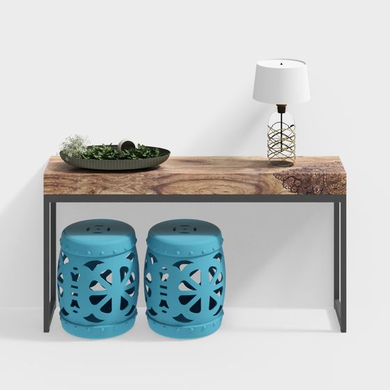 Wooden Side Table and Hollow Stool Combo 3D model