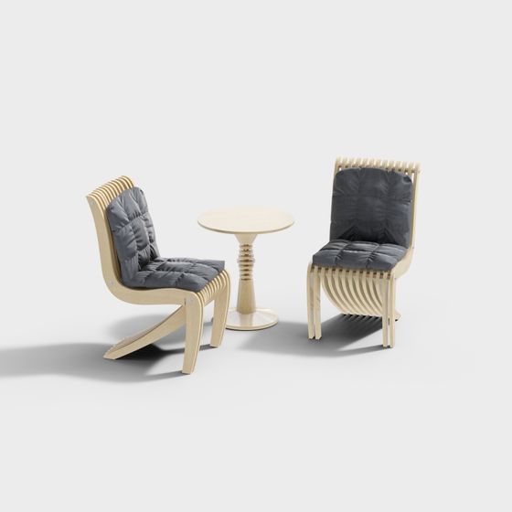 Stylish Wooden Lounge Chair and Round Table Set 3D model