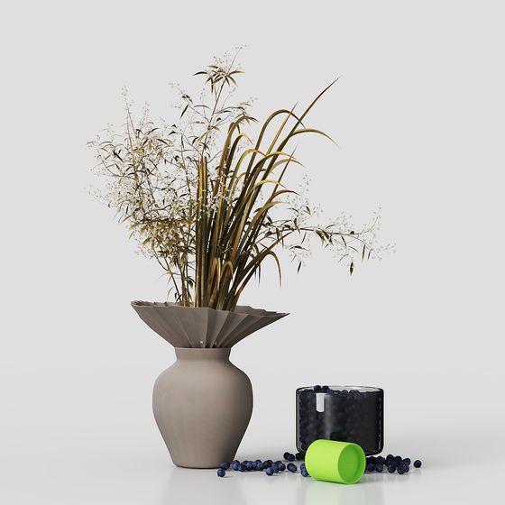 Elegant Low Poly Vase with Green Plants 3D model