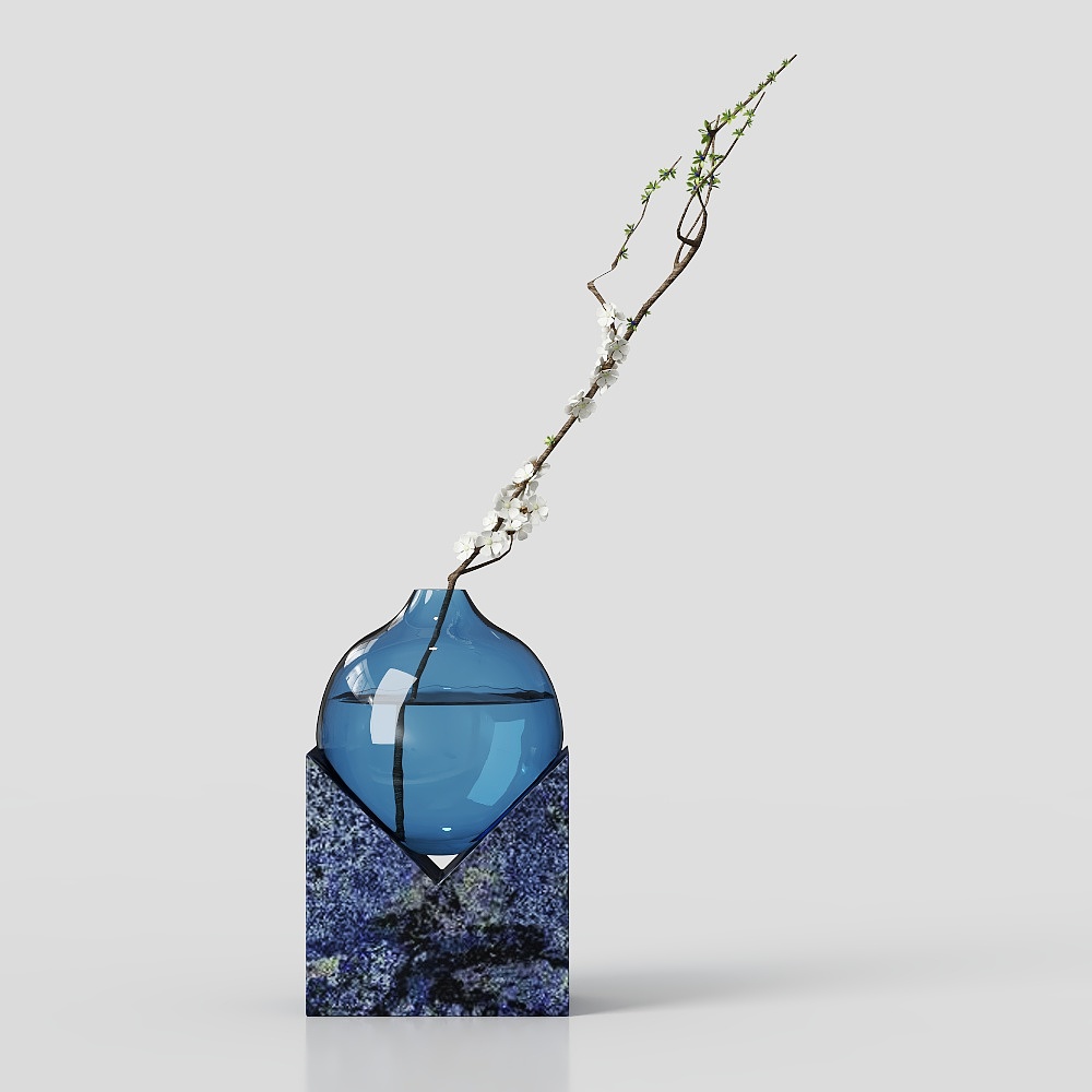 Glass Vase 3D Model – Blue Glass with Marble Base