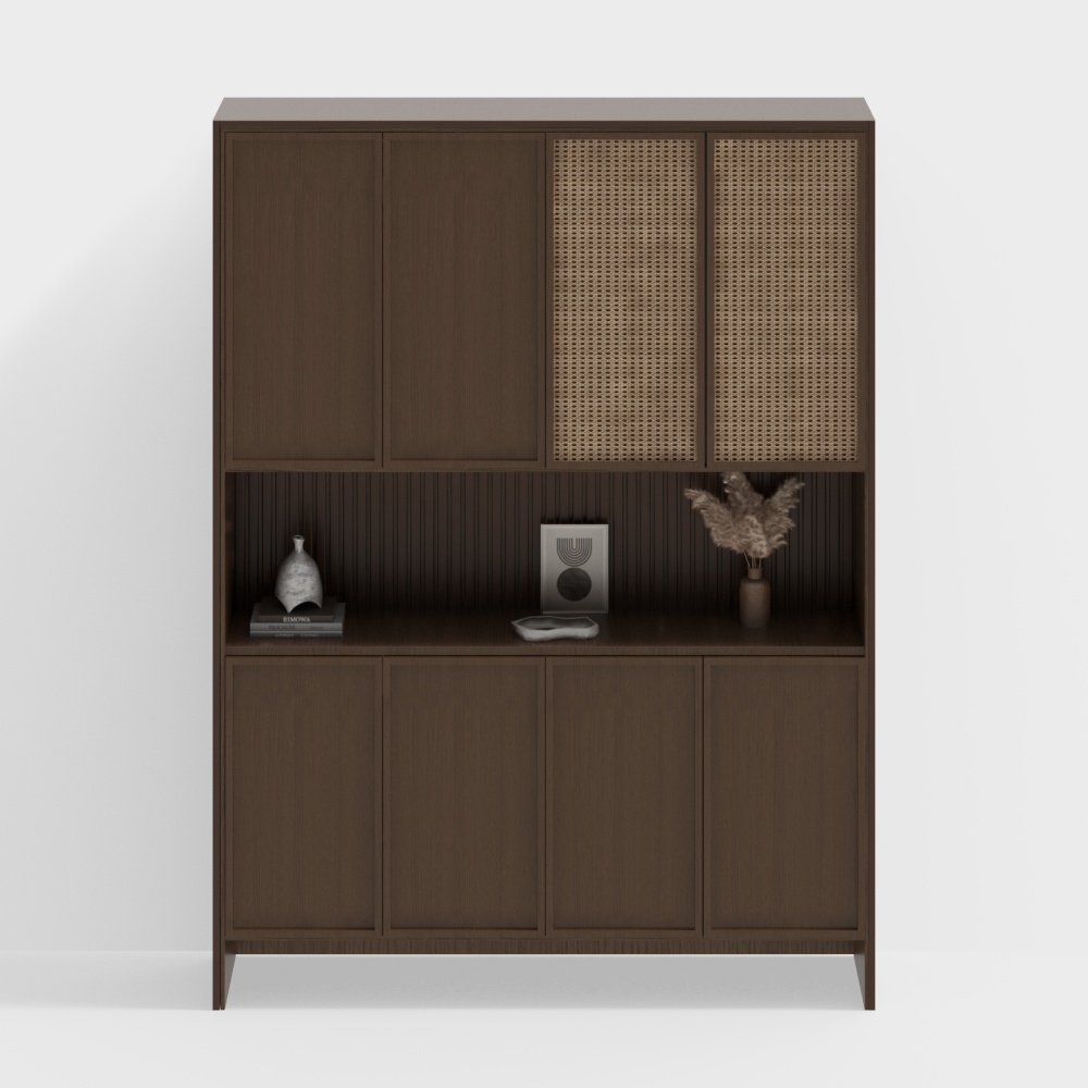 Mid-Century Modern Cabinet 3D Model – Wood & Rattan
