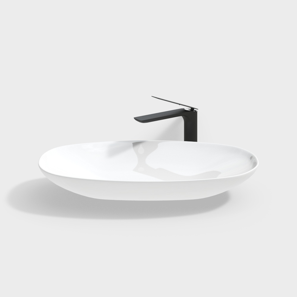 Sleek Minimalist Basin 3D Model – White Basin & Black Faucet
