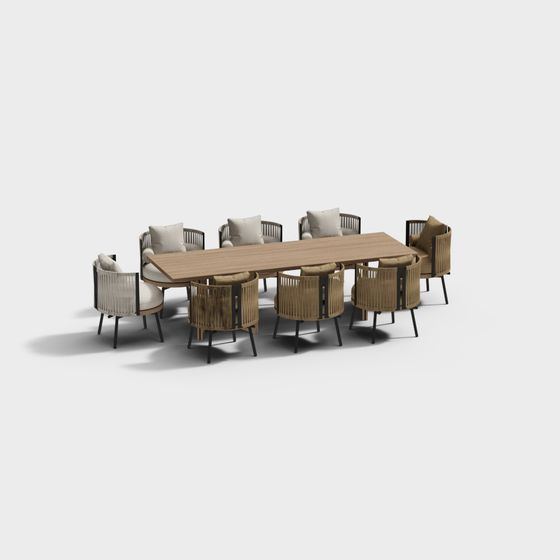 Rectangular Rattan Outdoor Set 3D Model in Brown – Stylish Patio