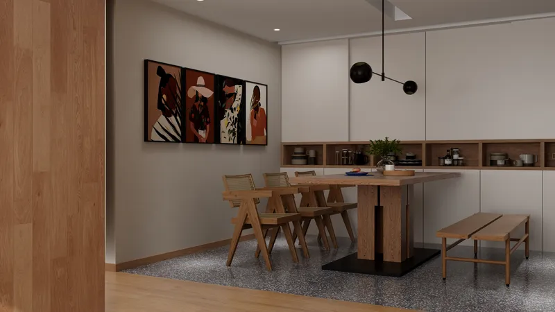 Modern dining room with wooden table chairs bench wall art black ceiling light and white cabinets