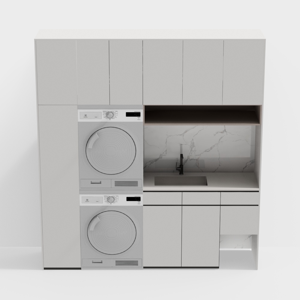 Minimalist Laundry Cabinet 3D Model – White Marble Finish