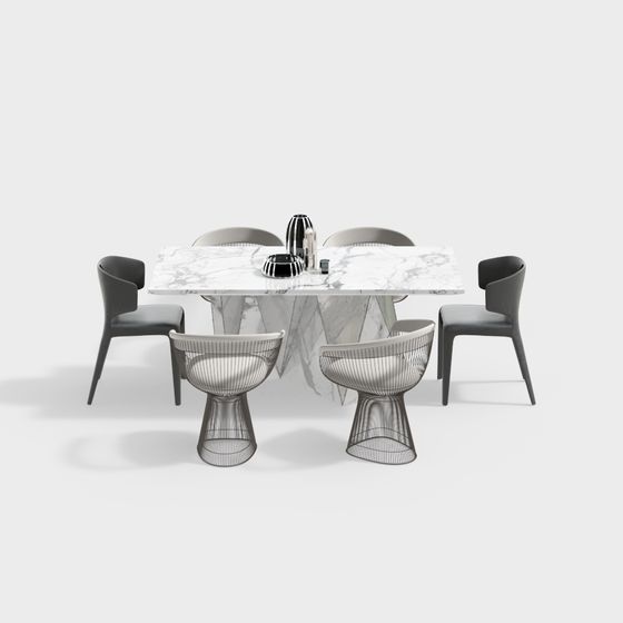 Marble Dining Table and Metal Chair Set 3D model