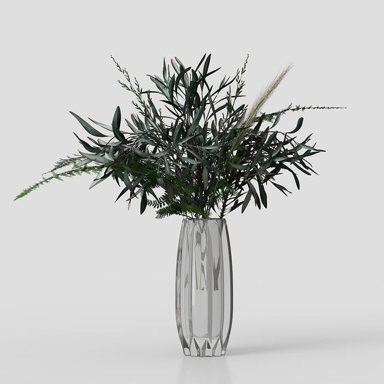 Elegant Glass Vase with Natural Flowers 3D model