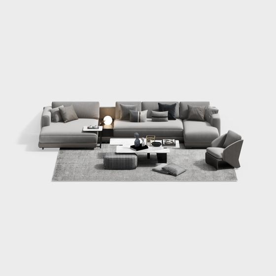 Modern Multi-Seat Sofa 3D Model for Living Room in Gray
