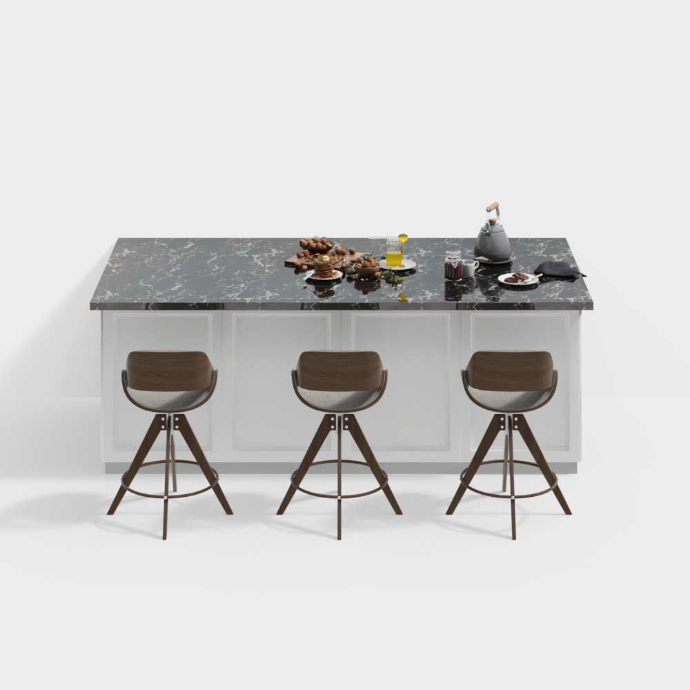 Stylish Urban Kitchen Bar Counter 3D Model – Black Marble Top