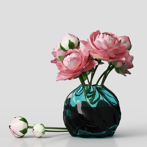 Glass Vase with Roses Low Poly 3D Model