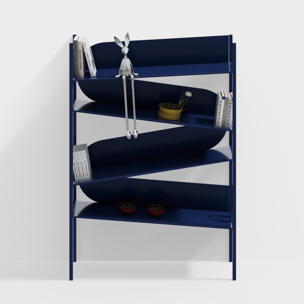Low-Poly Stylish Bookshelf 3D Model – Navy Blue Frame