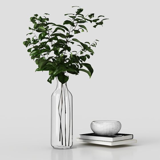 Low-Polygon Glass Vase with Green Plants 3D model