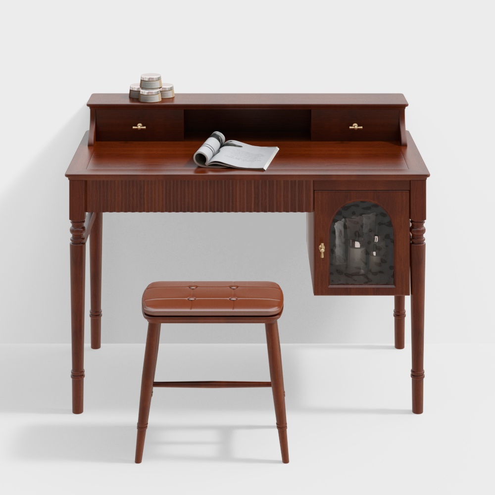 Vintage Dressing Table 3D Model – Polished Wood & Gold
