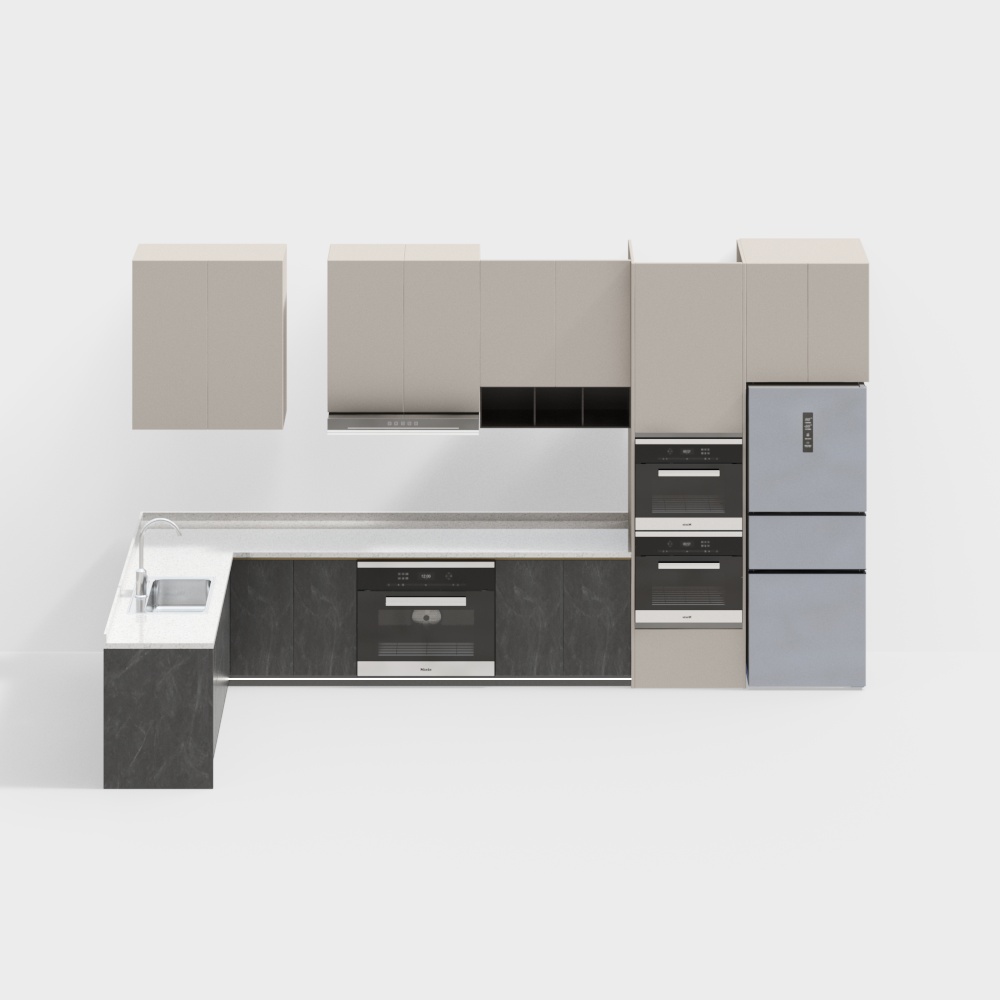 Modern Minimalist Kitchen 3D Model – Gray & Marble Design