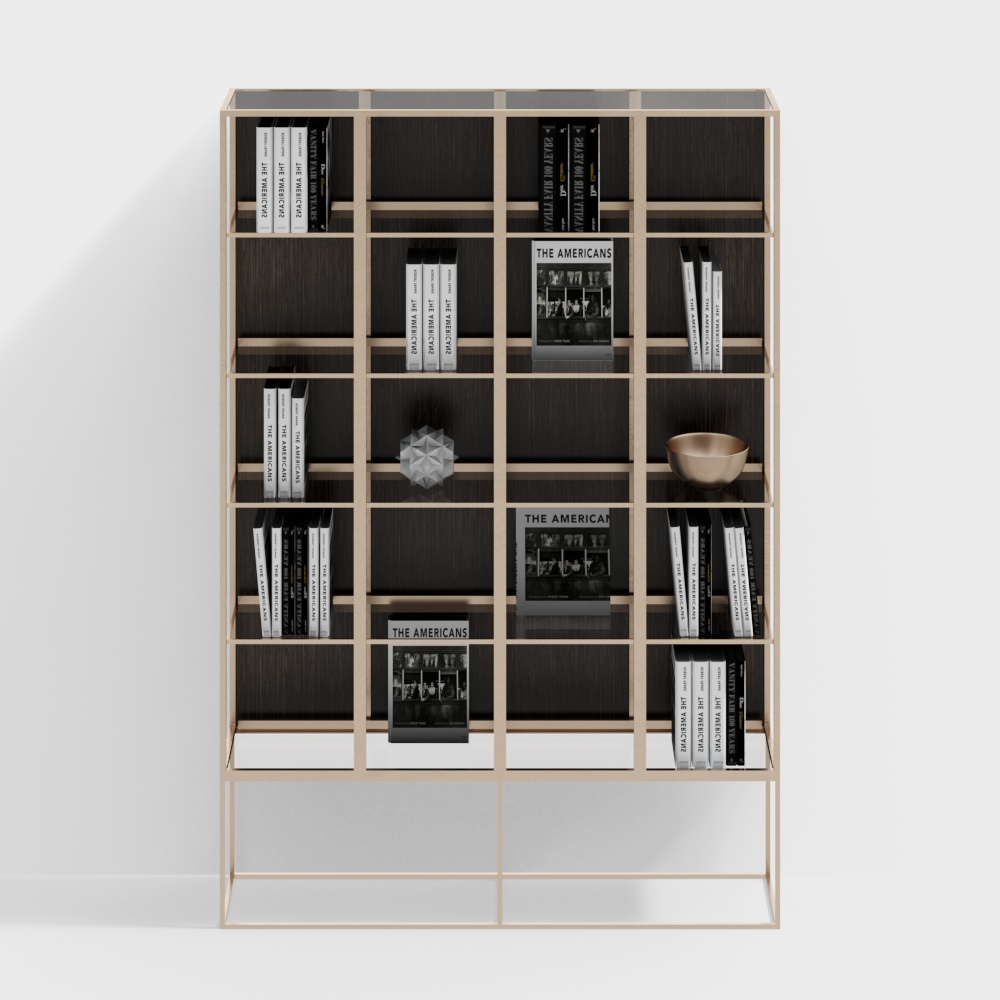 Modern Low-Poly Grid Shelf 3D Model – Dark Wood & Metal