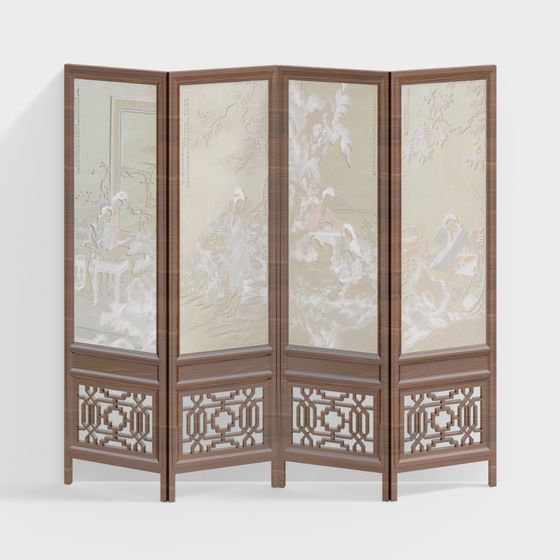 Elegant 4-Panel Screen 3D model for Asian Aesthetics