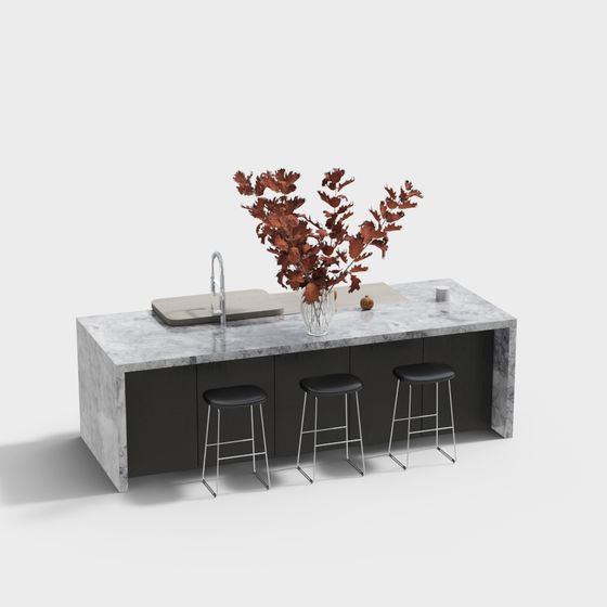 Modern Kitchen Island Countertop 3D Model in Black