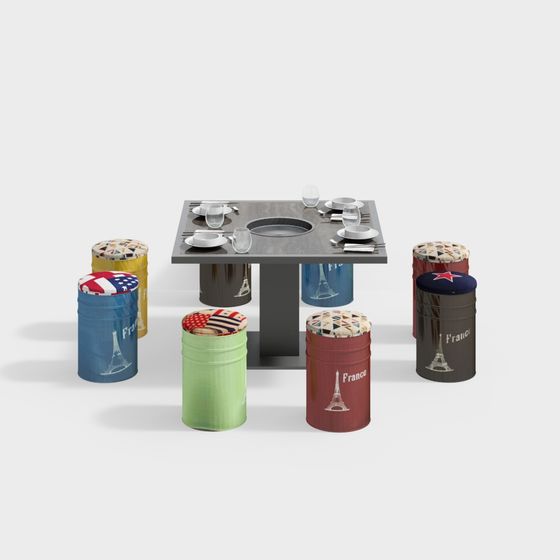 Charming 3D Dining Table and Stool Set Model