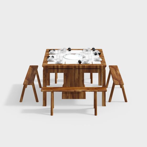 Wooden Dining Table and Stool Set 3D model