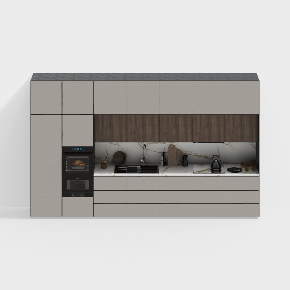 Modern Low-Poly Kitchen Design 3D Model – Gray & Wood