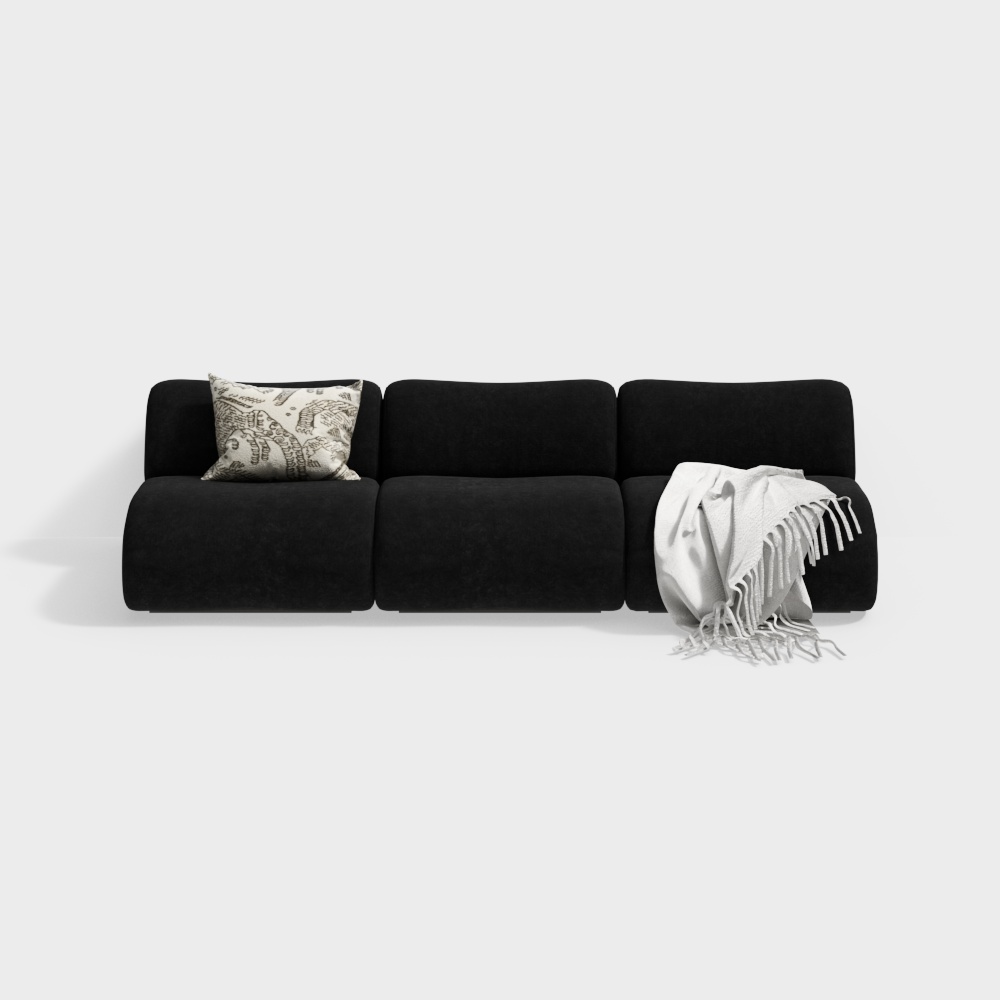 Antique Black Fabric Sofa for Three