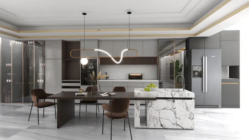 Modern kitchen dining area with marble island wooden table brown chairs fridge and ceiling light