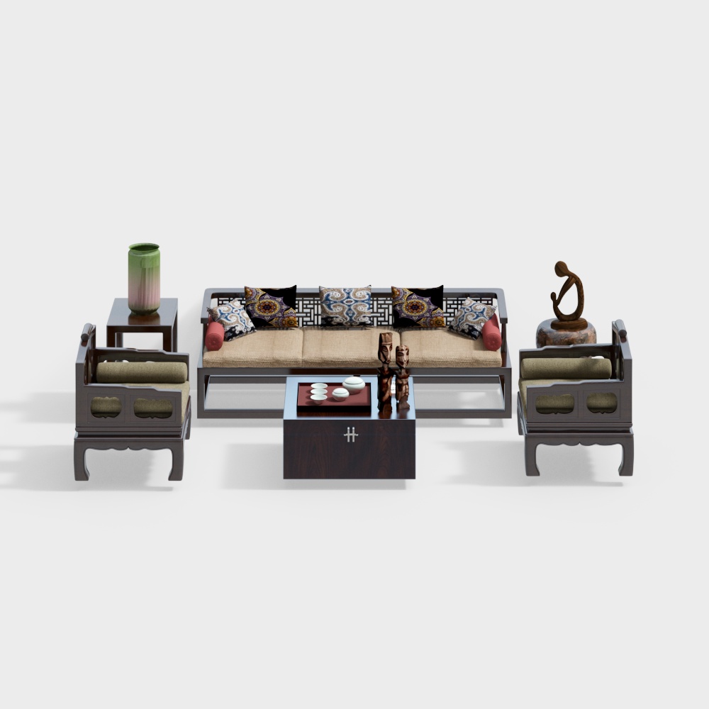Chinese-Style Sofa and Coffee Table Set