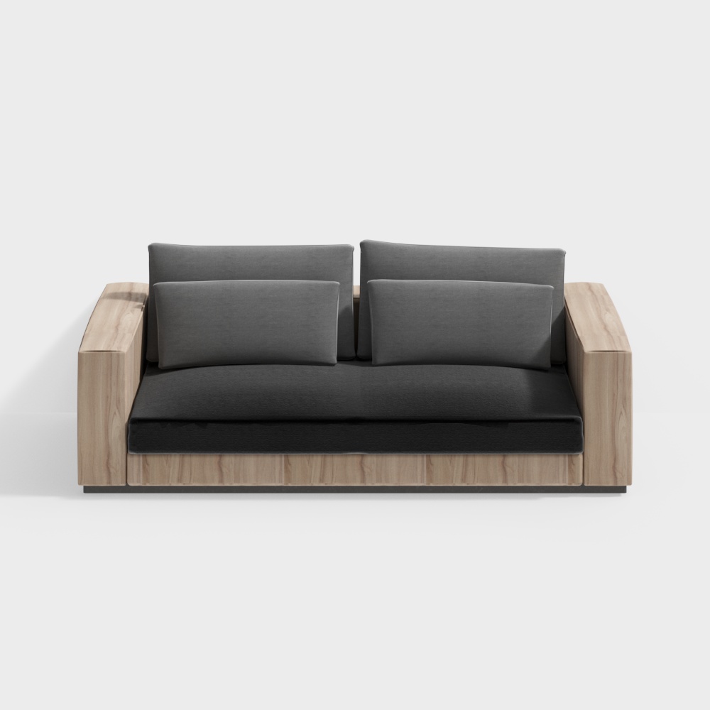 Modern Low Poly Sofa 3D Model – Gray Fabric & Wood