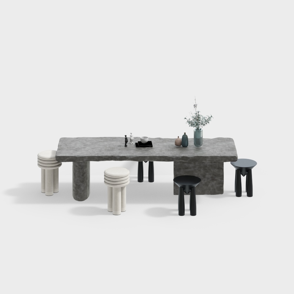 Wabi-Sabi Style Stone Dining Table and Chair Set