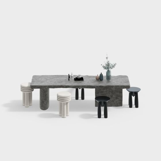 Concrete Dining Table and Stool Set 3D model