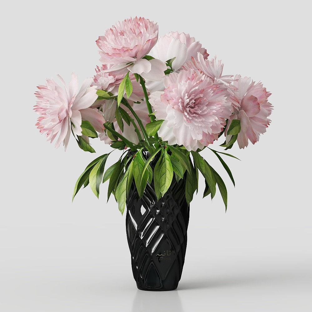 Elegant Low-Poly Peony Vase 3D Model – Floral Decor Asset
