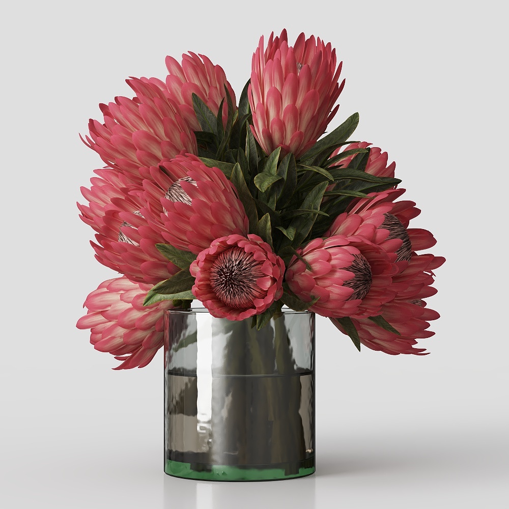 Bouquet and Glass Bottle 3D Model – Pink Protea in Glass