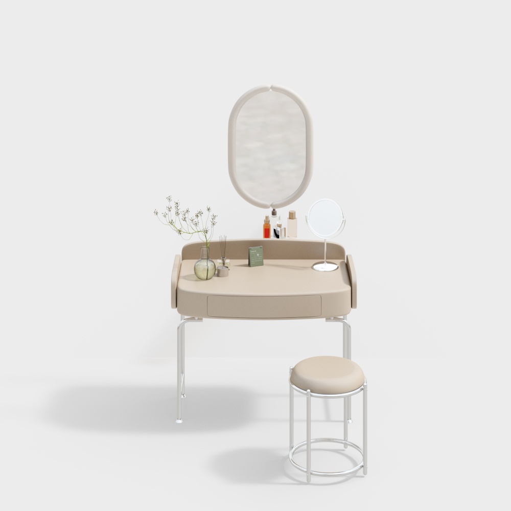 Stylish Low-Polygon Vanity Table 3D Model – Beige & Silver Frame