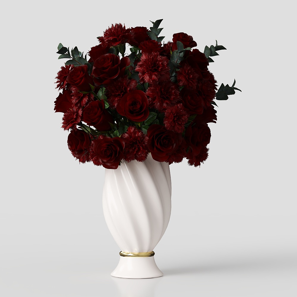 Dark Red Rose Vase 3D Model – Ceramic with Gold Base
