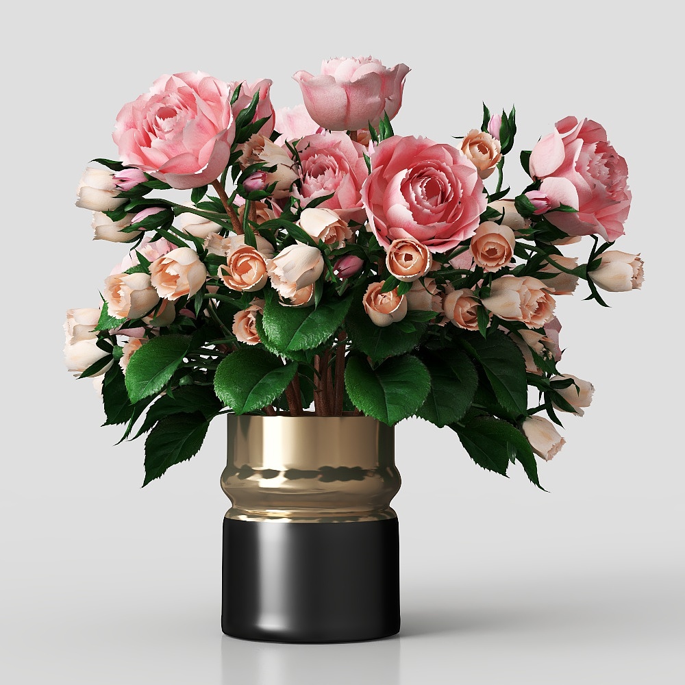 Delicate Low-Poly Rose Bouquet 3D Model – Floral Metallic Vase