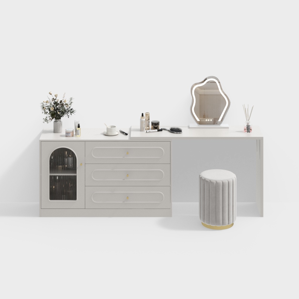 Elegant Low-Polygon Dressing Table 3D Model – Gray & Gold