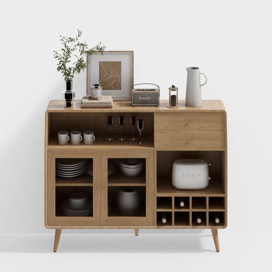Japanese Vintage Sideboard 3D Model in Wood Color