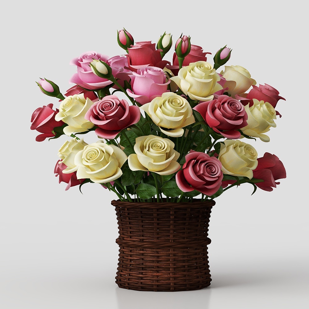 Blooming Romance Rose Bouquet 3D Model – Colorful Floral Design